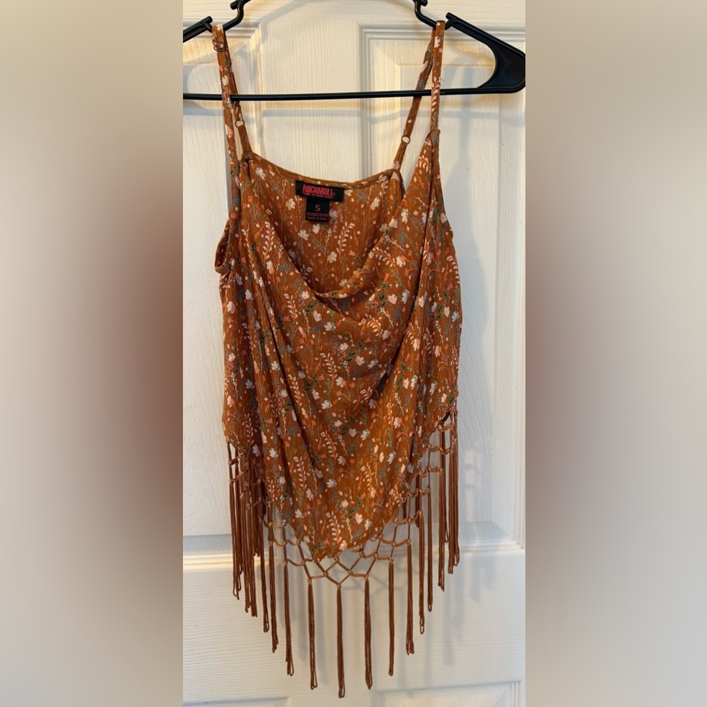 Rock & Roll Cowgirl Rust Floral Fringe Blouse